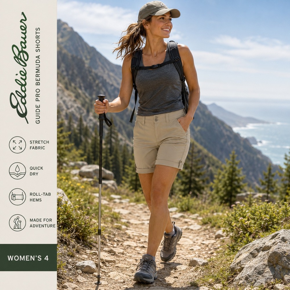 Eddie Bauer Bermuda Shorts Womens 4 Guide Pro Khaki Hiking Roll Tab Outdoor